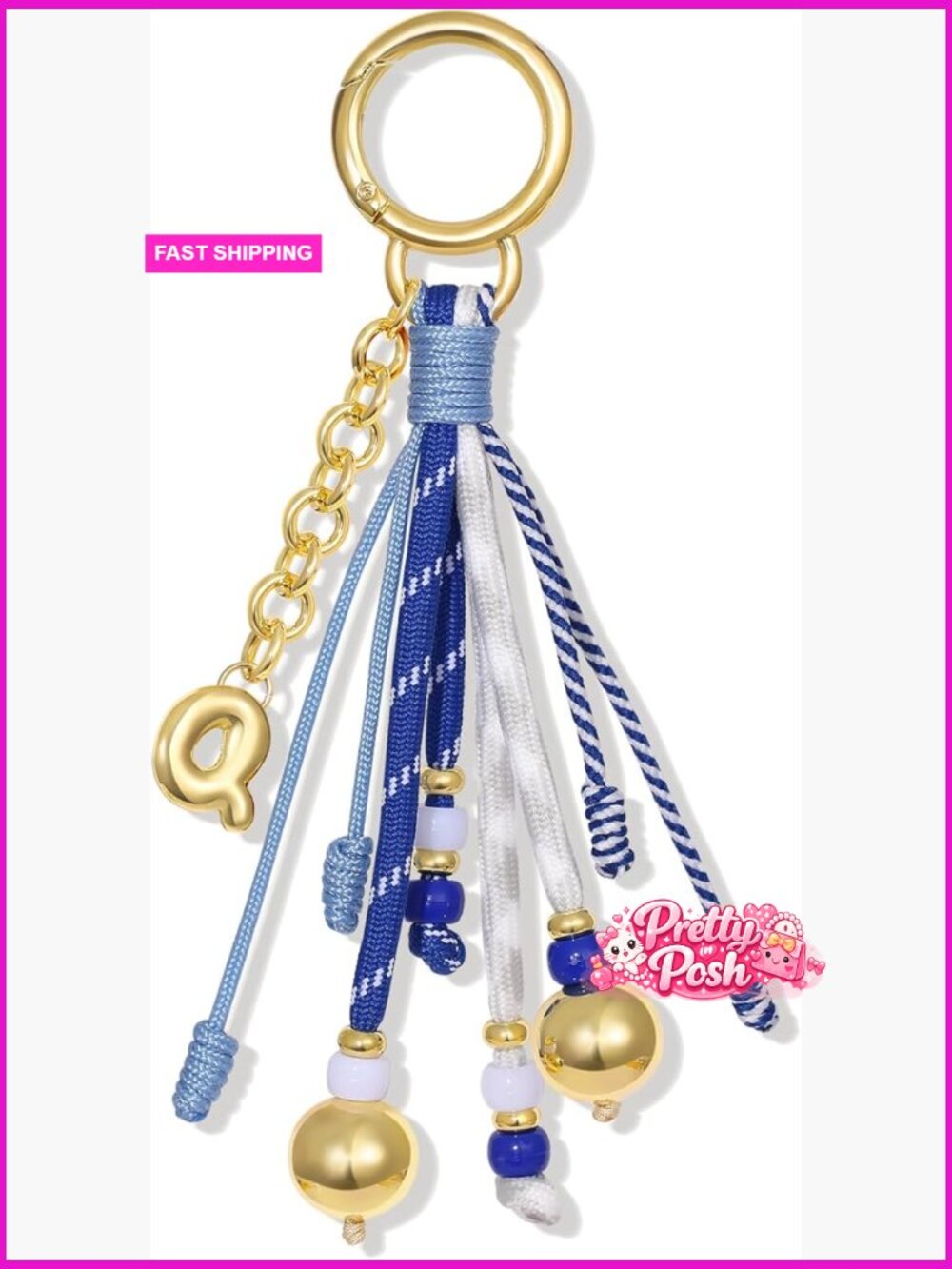 14k Gold Plated Initial Rope Bag Charm with Puffy Pendant